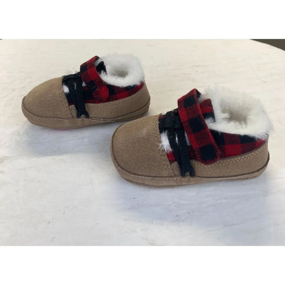 Robeez First Kicks Blake Buffalo Plaid Red Faux Fur Baby Boys Shoes 6-9‎ M,NEW